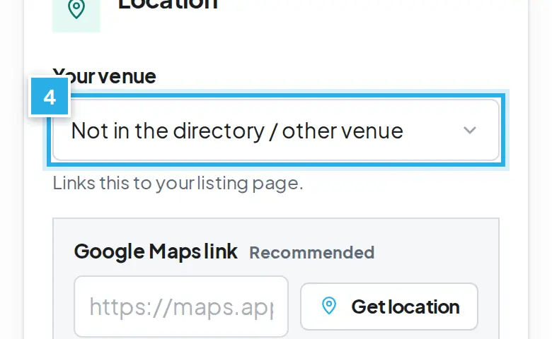 Tangkapan layar langkah 4: Pilih venue Anda atau isi link Google Maps. Angka biru 4 menunjukkan bagian yang dimaksud.