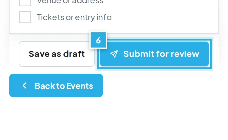 Tangkapan layar langkah 6: Tekan Submit for review atau Save as draft. Angka biru 6 menunjukkan bagian yang dimaksud.