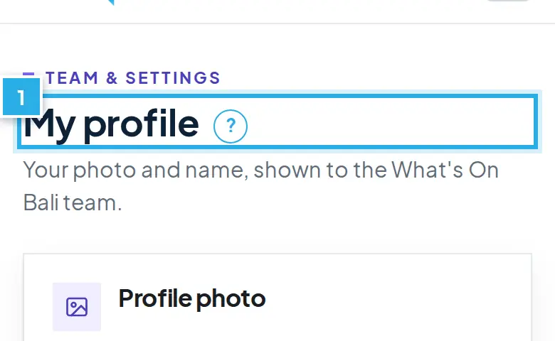 Tangkapan layar langkah 1: Buka My profile lewat nama Anda di menu. Angka biru 1 menunjukkan bagian yang dimaksud.