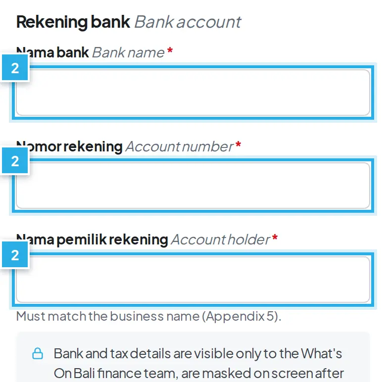 Tangkapan layar langkah 2: Rekening bank diisi di perjanjian online, bagian Rekening bank. Angka biru 2 menunjukkan bagian yang dimaksud.