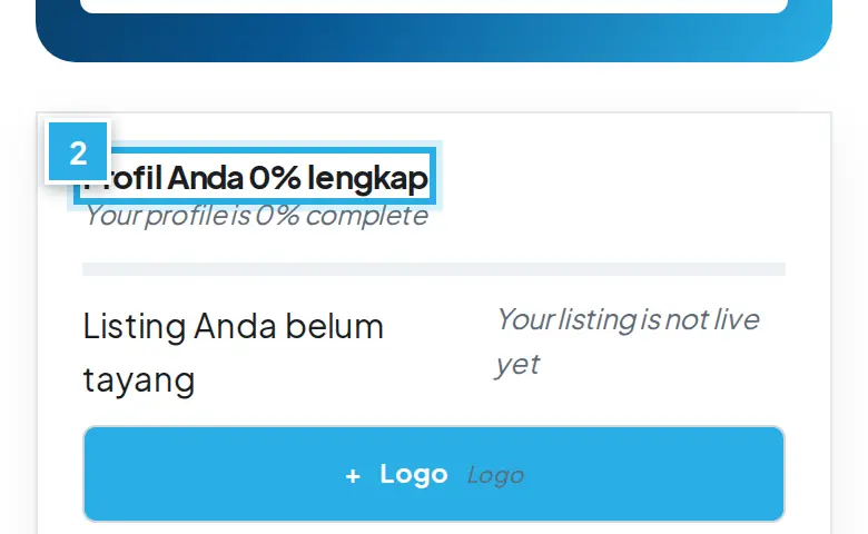 Tangkapan layar langkah 2: Kartu profil menunjukkan apa yang masih perlu diisi. Angka biru 2 menunjukkan bagian yang dimaksud.