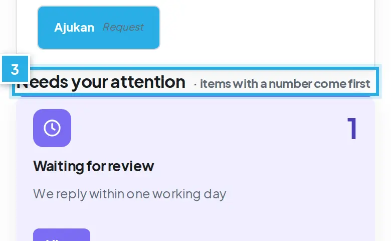 Tangkapan layar langkah 3: Lihat Needs your attention dulu, angka tampil paling atas. Angka biru 3 menunjukkan bagian yang dimaksud.