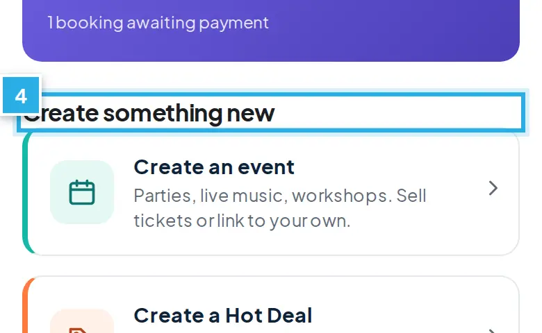 Tangkapan layar langkah 4: Pakai Create something new untuk acara atau Hot Deal. Angka biru 4 menunjukkan bagian yang dimaksud.