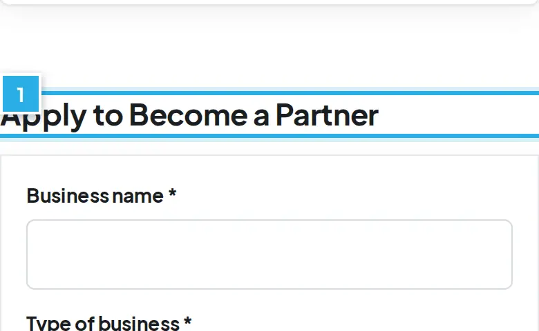 Tangkapan layar langkah 1: Buka List your business di footer situs. Angka biru 1 menunjukkan bagian yang dimaksud.