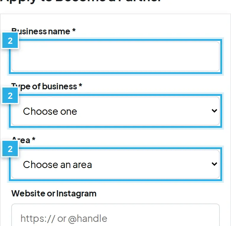 Tangkapan layar langkah 2: Isi Business name, Type of business, Area; izin usaha (NIB) bila diminta. Angka biru 2 menunjukkan bagian yang dimaksud.