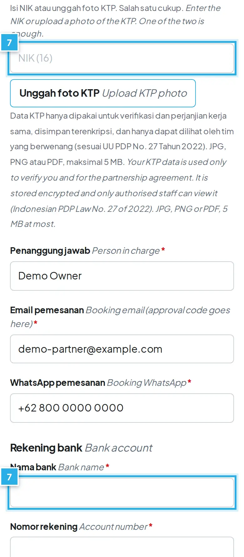 Tangkapan layar langkah 7: Langkah 1: isi data usaha, KTP dan rekening bank. Angka biru 7 menunjukkan bagian yang dimaksud.