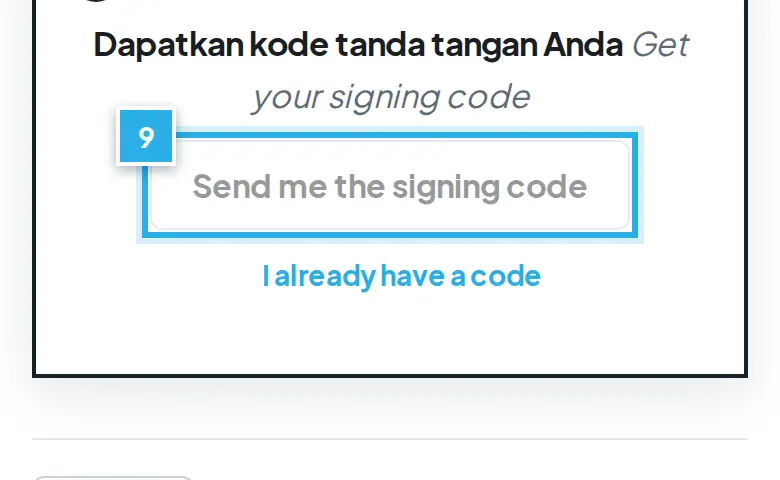 Tangkapan layar langkah 9: Langkah 3 dan 4: baca perjanjian, setujui dengan kode email. Angka biru 9 menunjukkan bagian yang dimaksud.