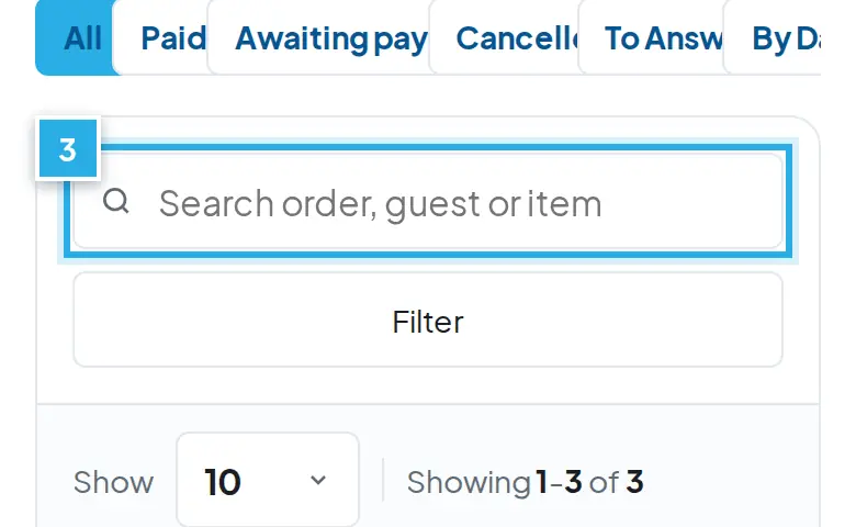 Tangkapan layar langkah 3: Cari nomor order, nama tamu atau item. Angka biru 3 menunjukkan bagian yang dimaksud.