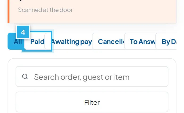 Tangkapan layar langkah 4: Saring dengan Paid, Awaiting payment atau To Answer. Angka biru 4 menunjukkan bagian yang dimaksud.