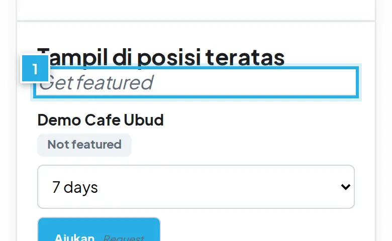 Tangkapan layar langkah 1: Di Overview, cari kartu Get featured. Angka biru 1 menunjukkan bagian yang dimaksud.