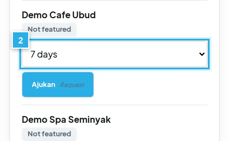 Tangkapan layar langkah 2: Lihat status item Anda: Tidak aktif atau Featured sampai tanggal. Angka biru 2 menunjukkan bagian yang dimaksud.