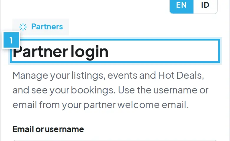 Tangkapan layar langkah 1: Tekan Partner login di footer, kolom For partners. Angka biru 1 menunjukkan bagian yang dimaksud.