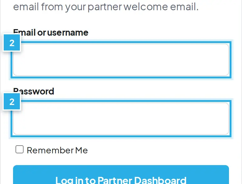 Tangkapan layar langkah 2: Isi Email or username dan Password. Angka biru 2 menunjukkan bagian yang dimaksud.