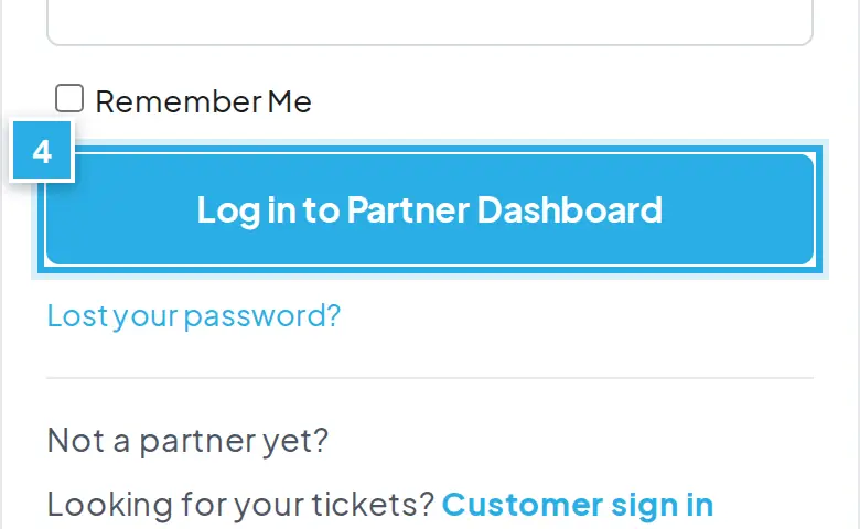 Tangkapan layar langkah 4: Tekan Log in to Partner Dashboard. Angka biru 4 menunjukkan bagian yang dimaksud.