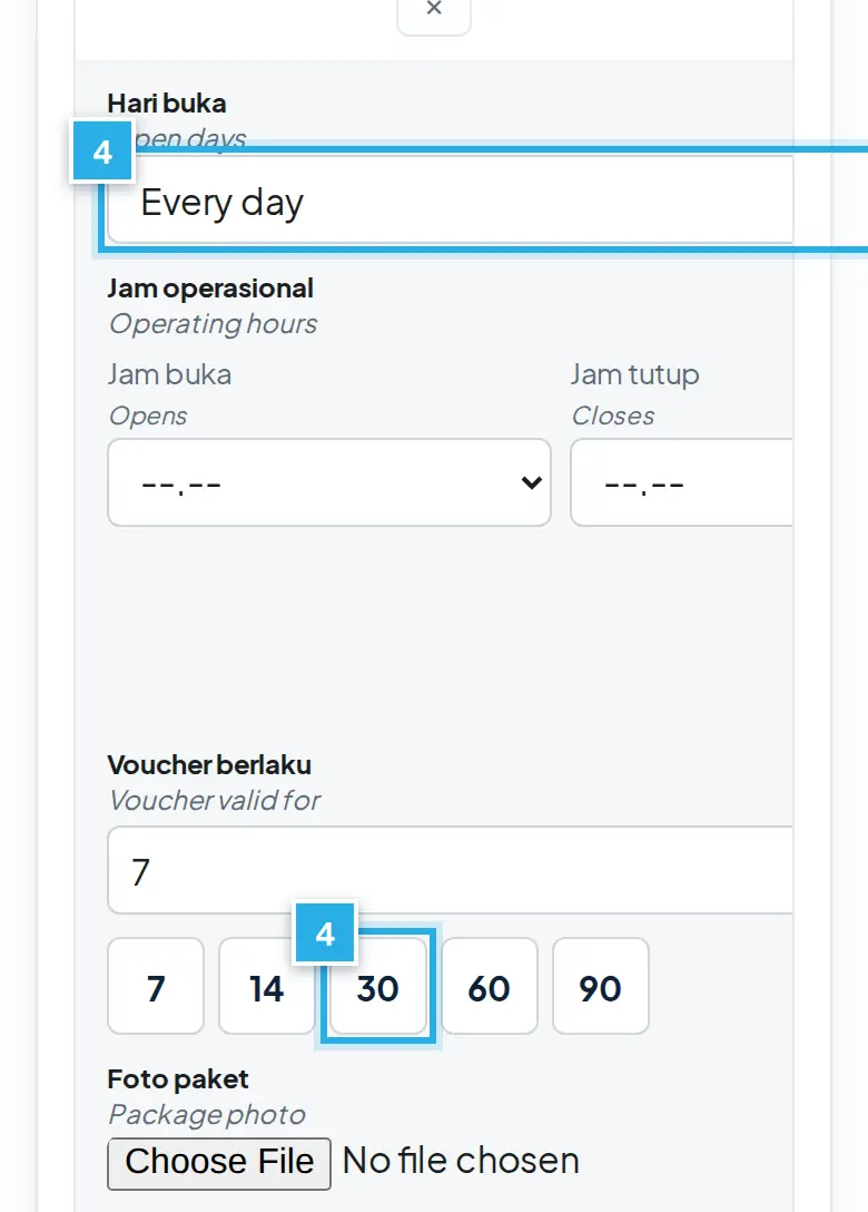 Tangkapan layar langkah 4: Pilih hari buka, jam dan masa berlaku voucher. Angka biru 4 menunjukkan bagian yang dimaksud.