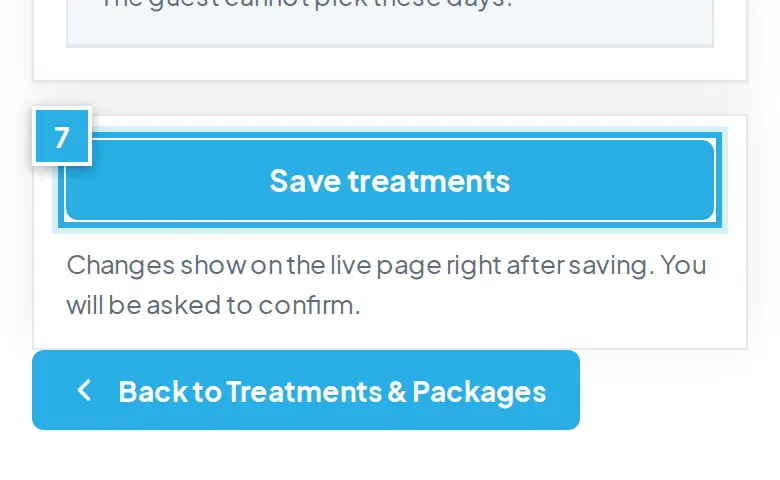 Tangkapan layar langkah 7: Tekan Save treatments dan konfirmasi. Angka biru 7 menunjukkan bagian yang dimaksud.