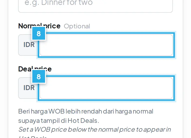 Tangkapan layar langkah 8: Hot Deal: harga WOB harus lebih rendah dari harga normal. Angka biru 8 menunjukkan bagian yang dimaksud.