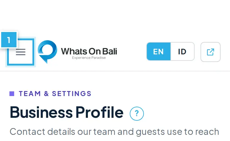 Tangkapan layar langkah 1: Buka Business Profile di menu. Angka biru 1 menunjukkan bagian yang dimaksud.