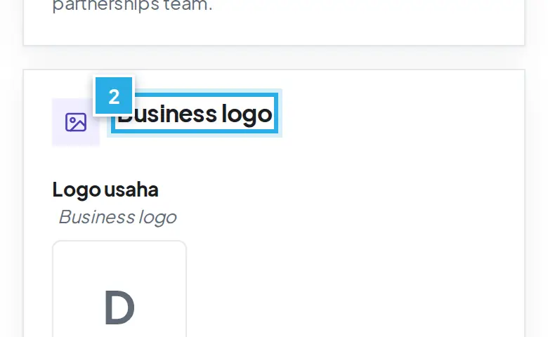 Tangkapan layar langkah 2: Unggah Business logo persegi, ideal 800 x 800 px. Angka biru 2 menunjukkan bagian yang dimaksud.