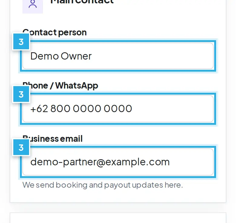 Tangkapan layar langkah 3: Isi kontak utama, lalu tekan Save profile. Angka biru 3 menunjukkan bagian yang dimaksud.