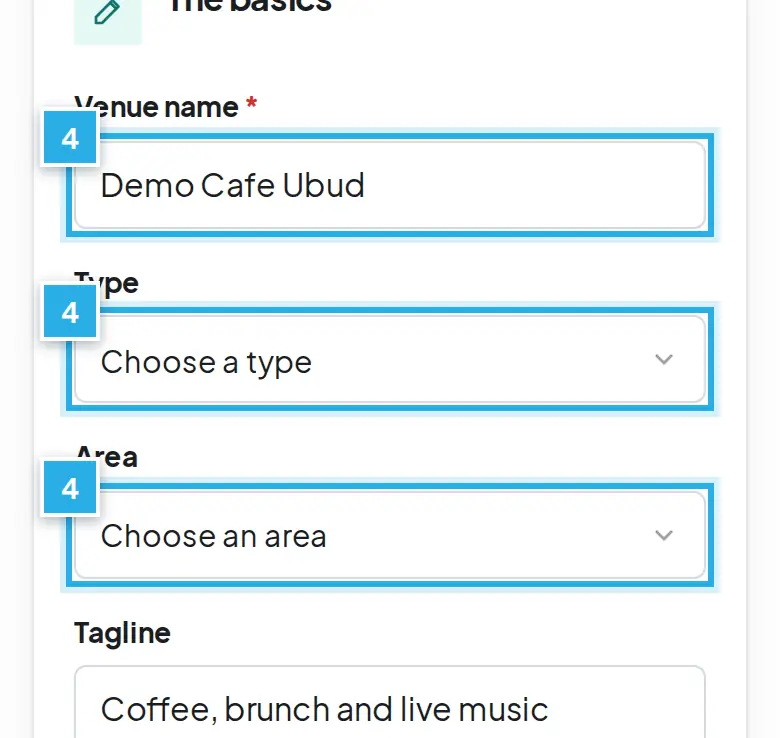Tangkapan layar langkah 4: Buka Listings. Isi nama venue, tipe dan area. Angka biru 4 menunjukkan bagian yang dimaksud.