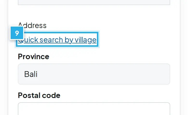 Tangkapan layar langkah 9: Pilih alamat dengan Quick search by village. Angka biru 9 menunjukkan bagian yang dimaksud.